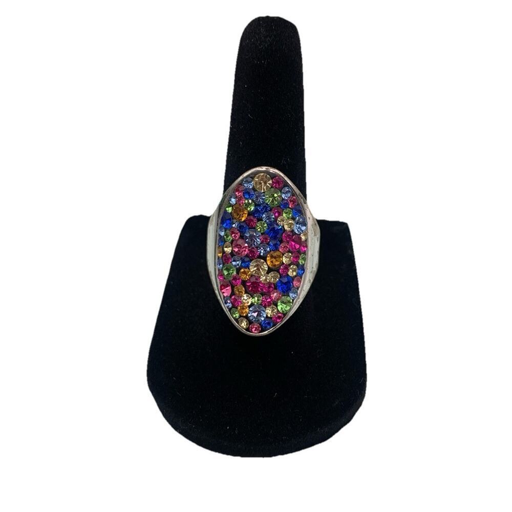 JCM Rainbow‎ Silver Over Brass Rhinestones 1 1/4" Crystal Bling Ring Size 6.75
